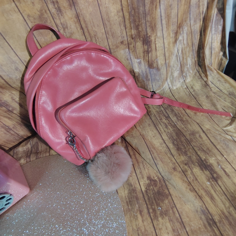 Universal Thread Pink Faux Leather Mini Backpack with Pom Pom